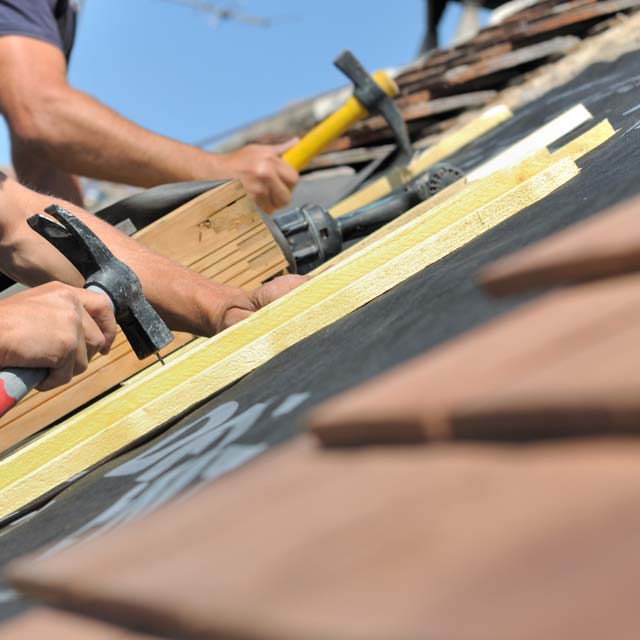 Couvreurs clouant des lattes pour rénovation toiture